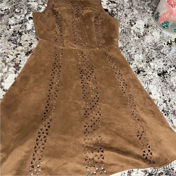 Mossimo Women's Cutout Faux Suede Fit & Flare Mini Dress Laser Cut Brown XS NWT - Picture 3 of 9